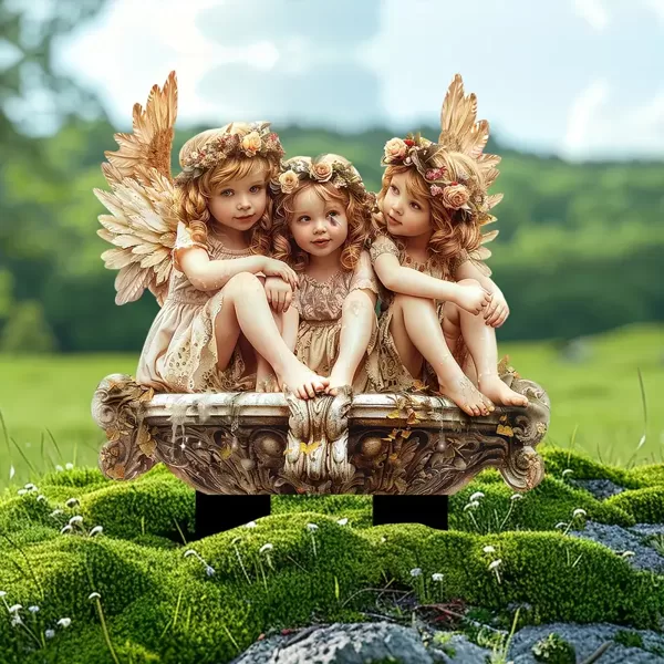 Three Cute Angels Sitting On A Fountain 2D Acrylic Garden Stake