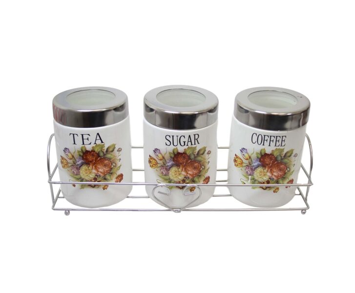 Tea, Coffee & Sugar Storage Jars With Stand 